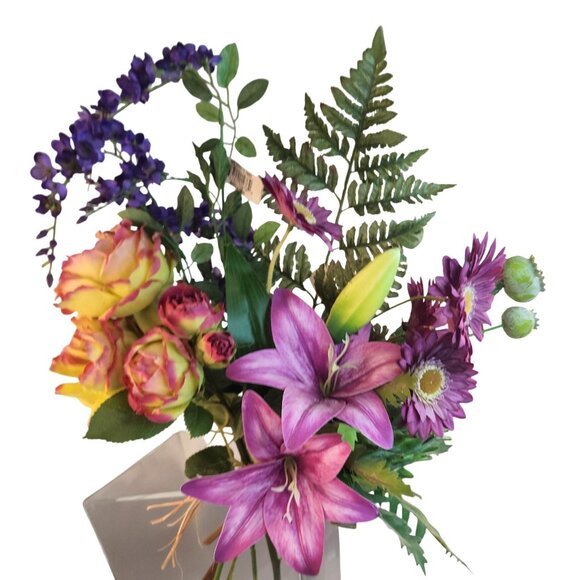 Artificial Wedding Bouquet Purple Lilies Yellow Roses Rustic Event Decor - Picture 1 of 10